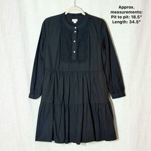 J.Crew Black Cotton Poplin Tiered Midi Dress Embroidered Bib Long Sleeve S